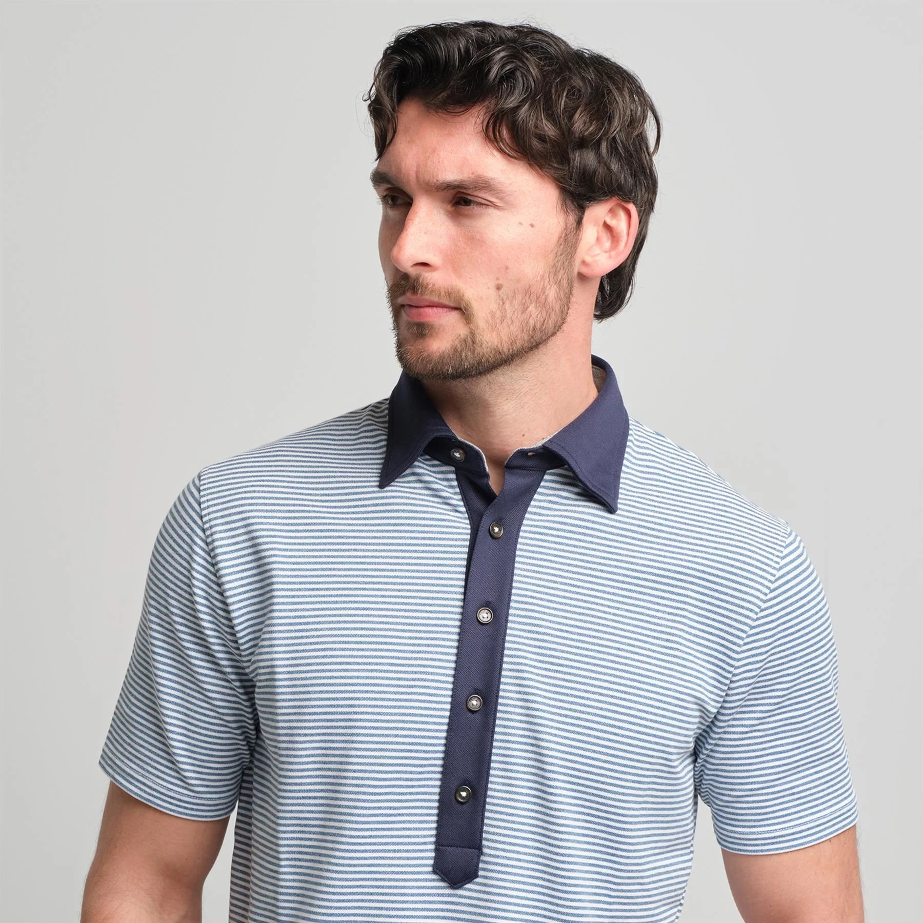 Ford 5 Button Striped Polo Shedd Heather/White - Image 6